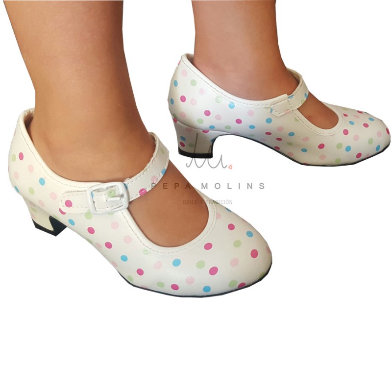 Zapatos de flamenca de niña Olé Tus Zapatos de color blanco con detalle  lunares multicolor