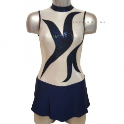 Maillot patinaje azul con falda y cuello alto